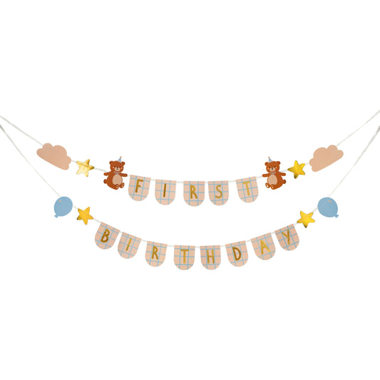 First birthday party banner featuring teddy bears, balloons, and stars, great for baby celebrations