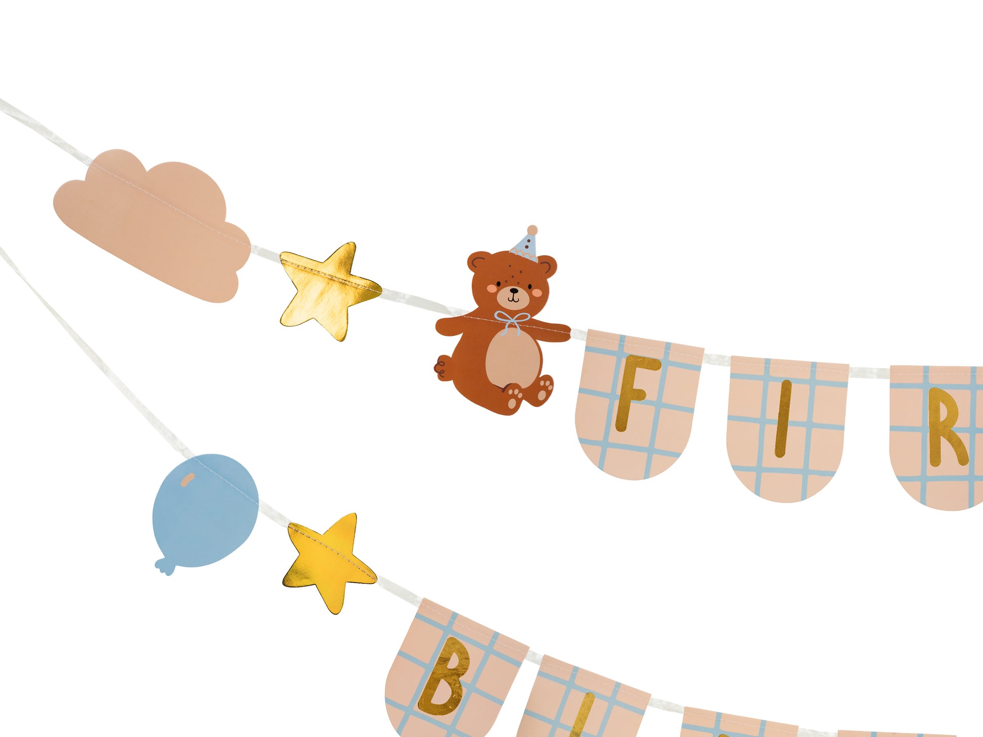 First birthday party banner featuring teddy bears, balloons, and stars, great for baby celebrations