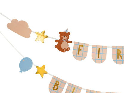 First birthday party banner featuring teddy bears, balloons, and stars, great for baby celebrations