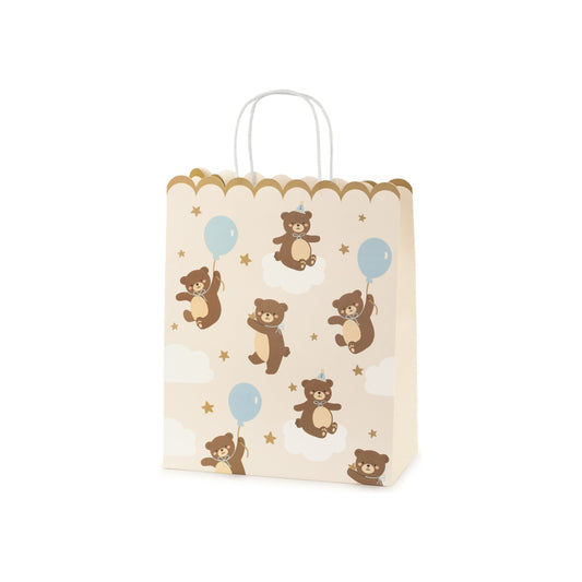 Large gift bag decorated with flying teddy bears and balloons, charming for birthday party gifts
