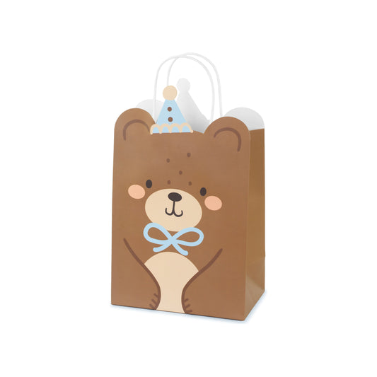 Small gift bag with cute teddy bear wearing party hat, ideal for birthday party favors