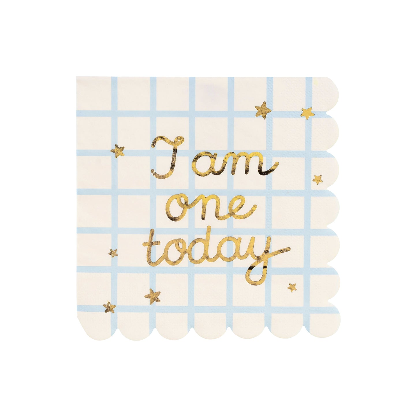 Party napkins with pastel checkered design and 'I am one today' gold foil text, ideal for first birthday celebrations