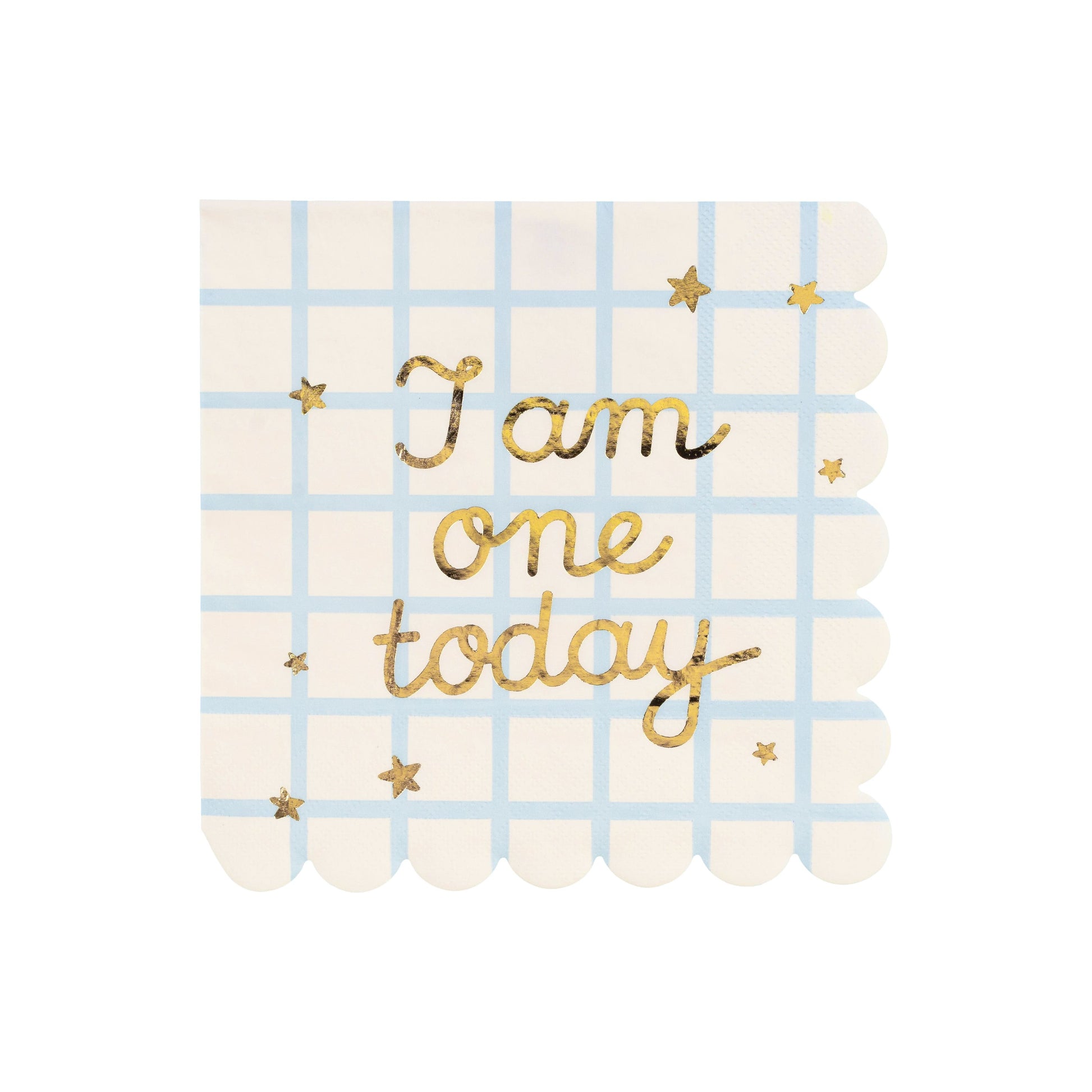 Party napkins with pastel checkered design and 'I am one today' gold foil text, ideal for first birthday celebrations