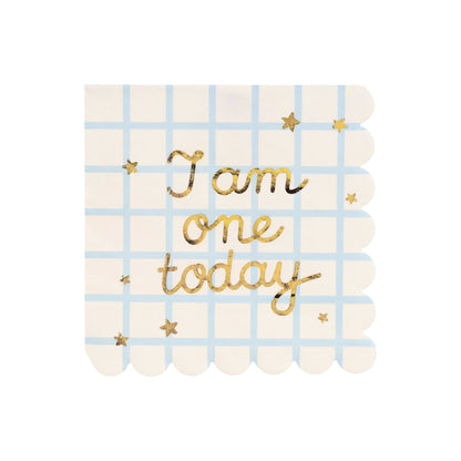 Party napkins with pastel checkered design and 'I am one today' gold foil text, ideal for first birthday celebrations