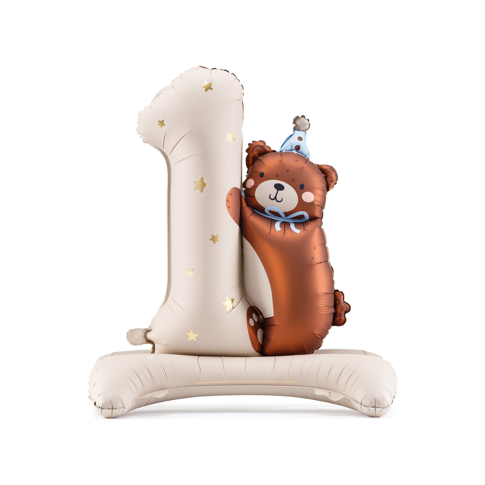 Large number one foil balloon with teddy bear design, perfect for first birthday decorations