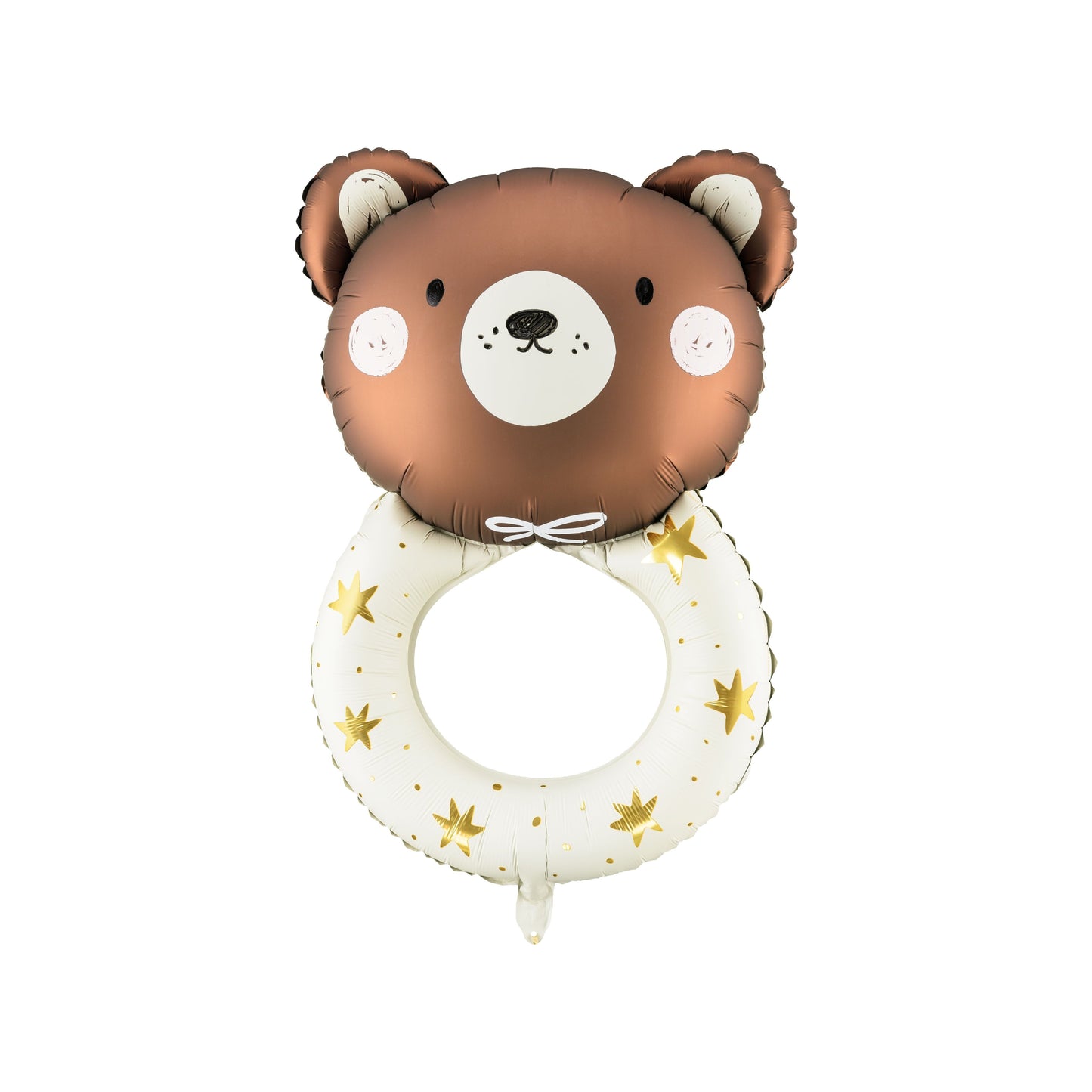 Teddy bear rattle foil balloon with golden stars – sweet decor for baby shower or christening