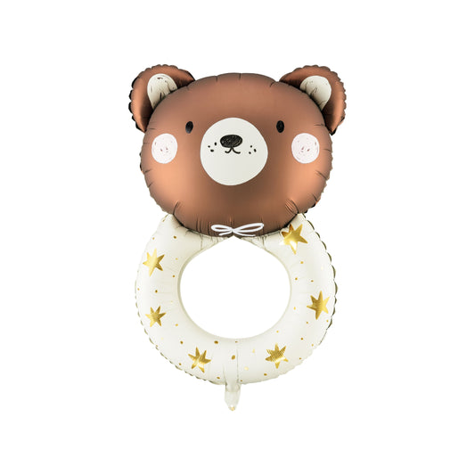 Teddy bear rattle foil balloon with golden stars – sweet decor for baby shower or christening