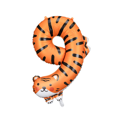 Tiger-shaped number 9 foil balloon for jungle-themed kids party