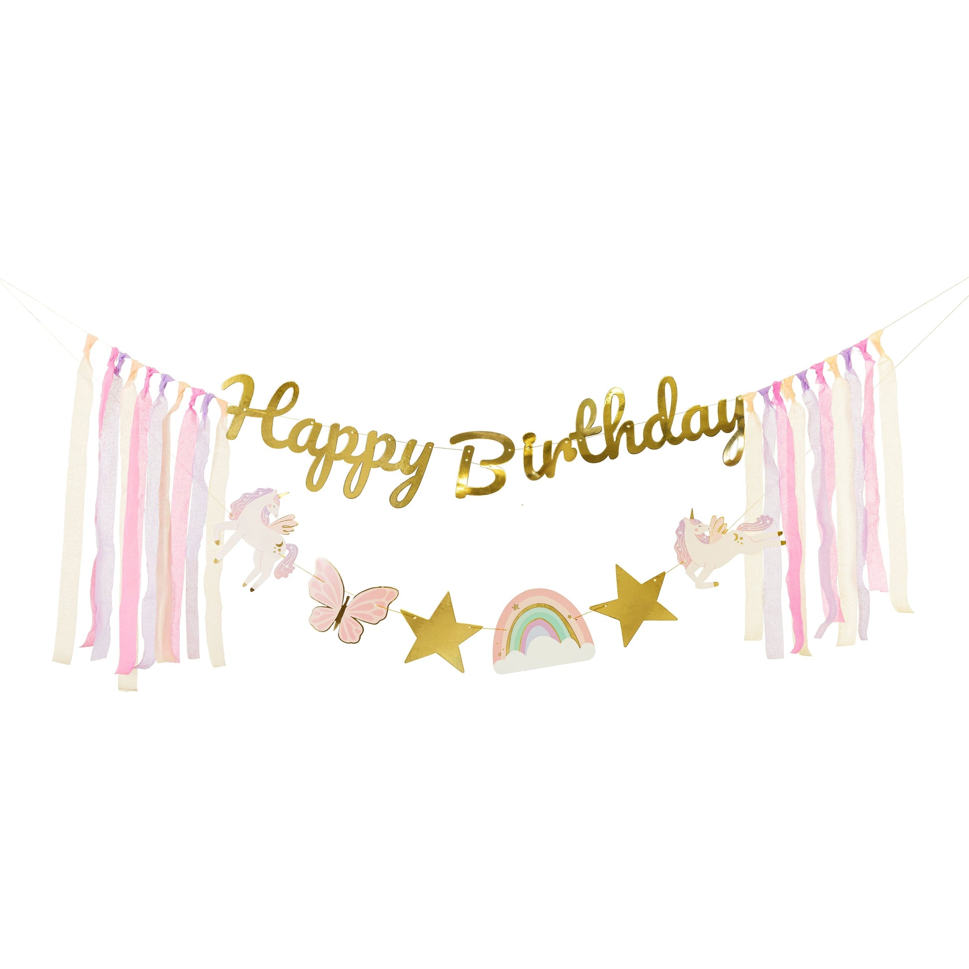Unicorn "Happy Birthday" banner with stars, rainbow, and butterflies – pastel party garland