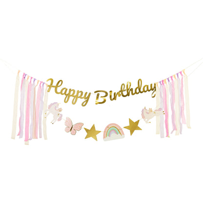 Unicorn "Happy Birthday" banner with stars, rainbow, and butterflies – pastel party garland