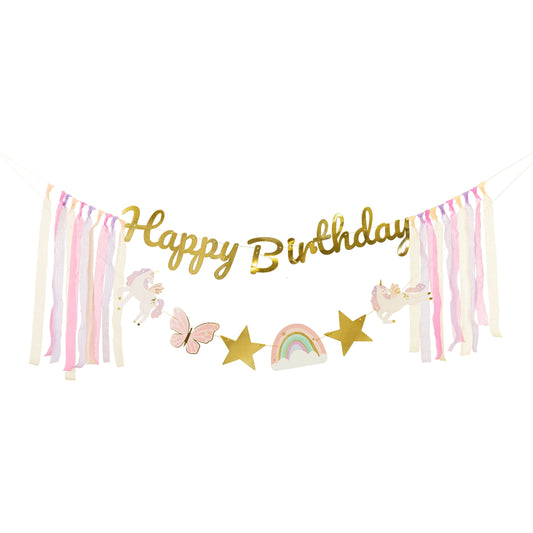 Unicorn "Happy Birthday" banner with stars, rainbow, and butterflies – pastel party garland