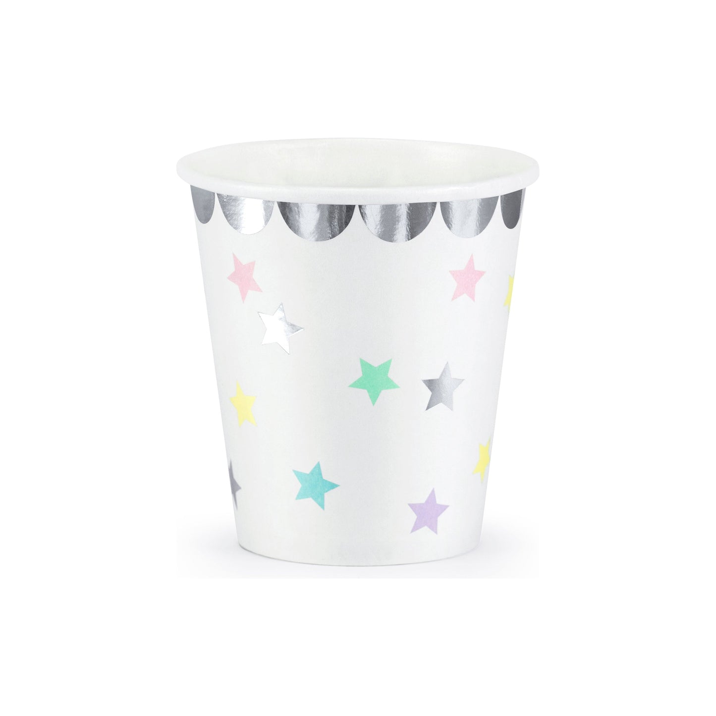 Paper cups with pastel stars and silver foil trim – pastel star birthday cups
