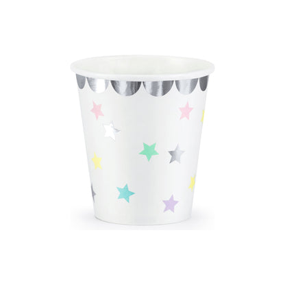 Paper cups with pastel stars and silver foil trim – pastel star birthday cups