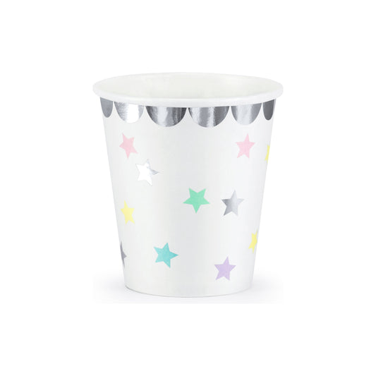 Paper cups with pastel stars and silver foil trim – pastel star birthday cups