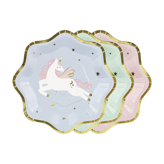 Pastel unicorn paper plates in blue, mint, and pink with gold trim – party tableware