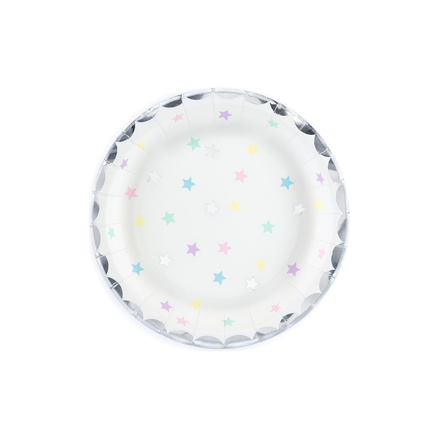 Round pastel star paper plate with silver foil edge – unicorn birthday table setting
