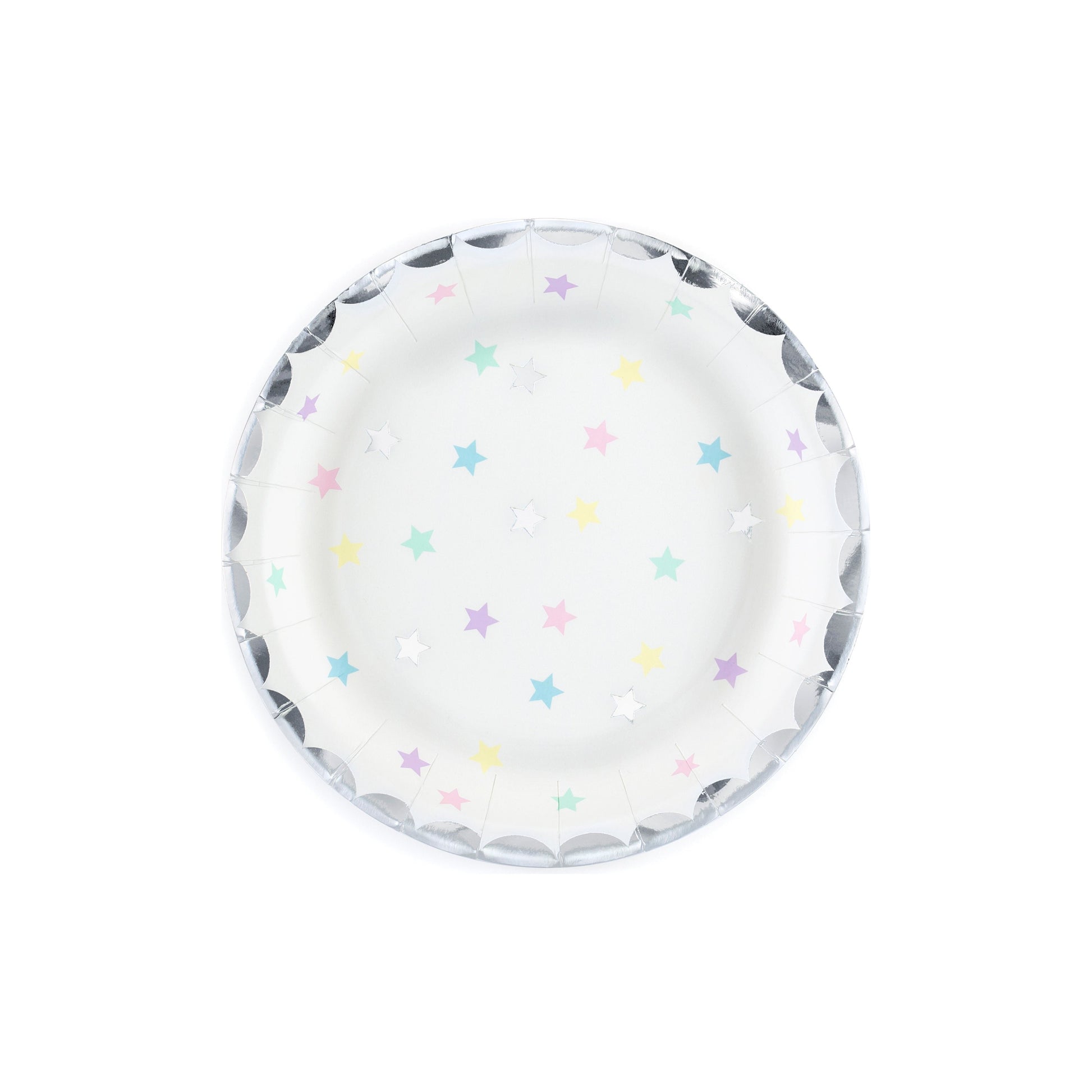 Round pastel star paper plate with silver foil edge – unicorn birthday table setting