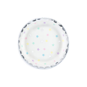 Round pastel star paper plate with silver foil edge – unicorn birthday table setting
