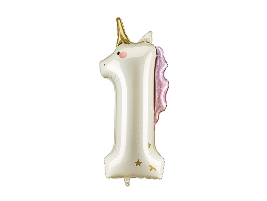 Unicorn-shaped number one balloon on a white background