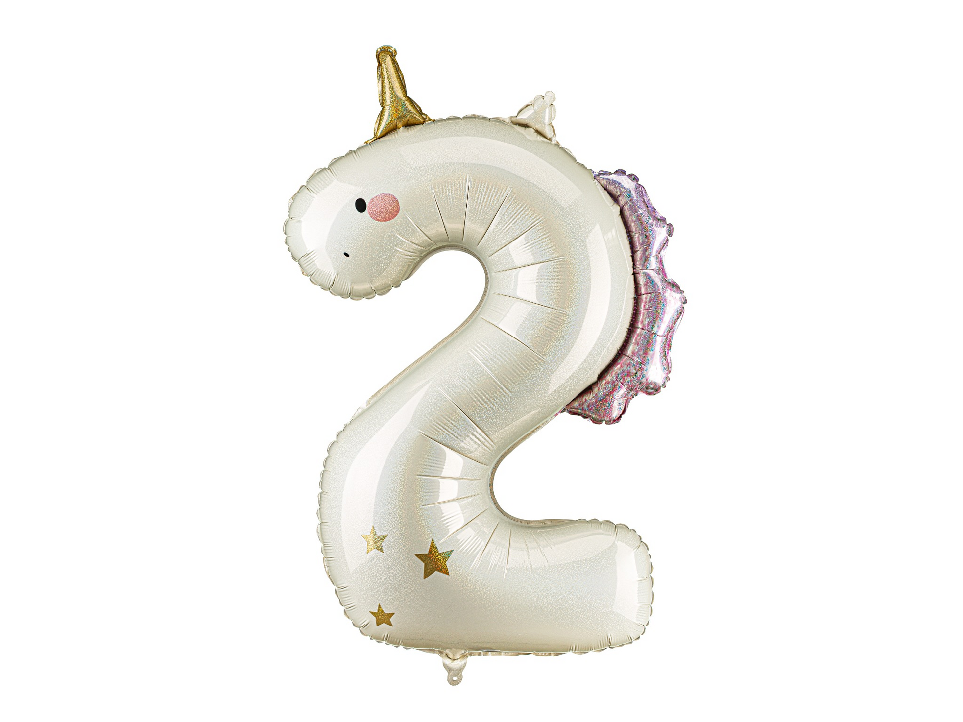 Unicorn-shaped number 2 balloon on a white background