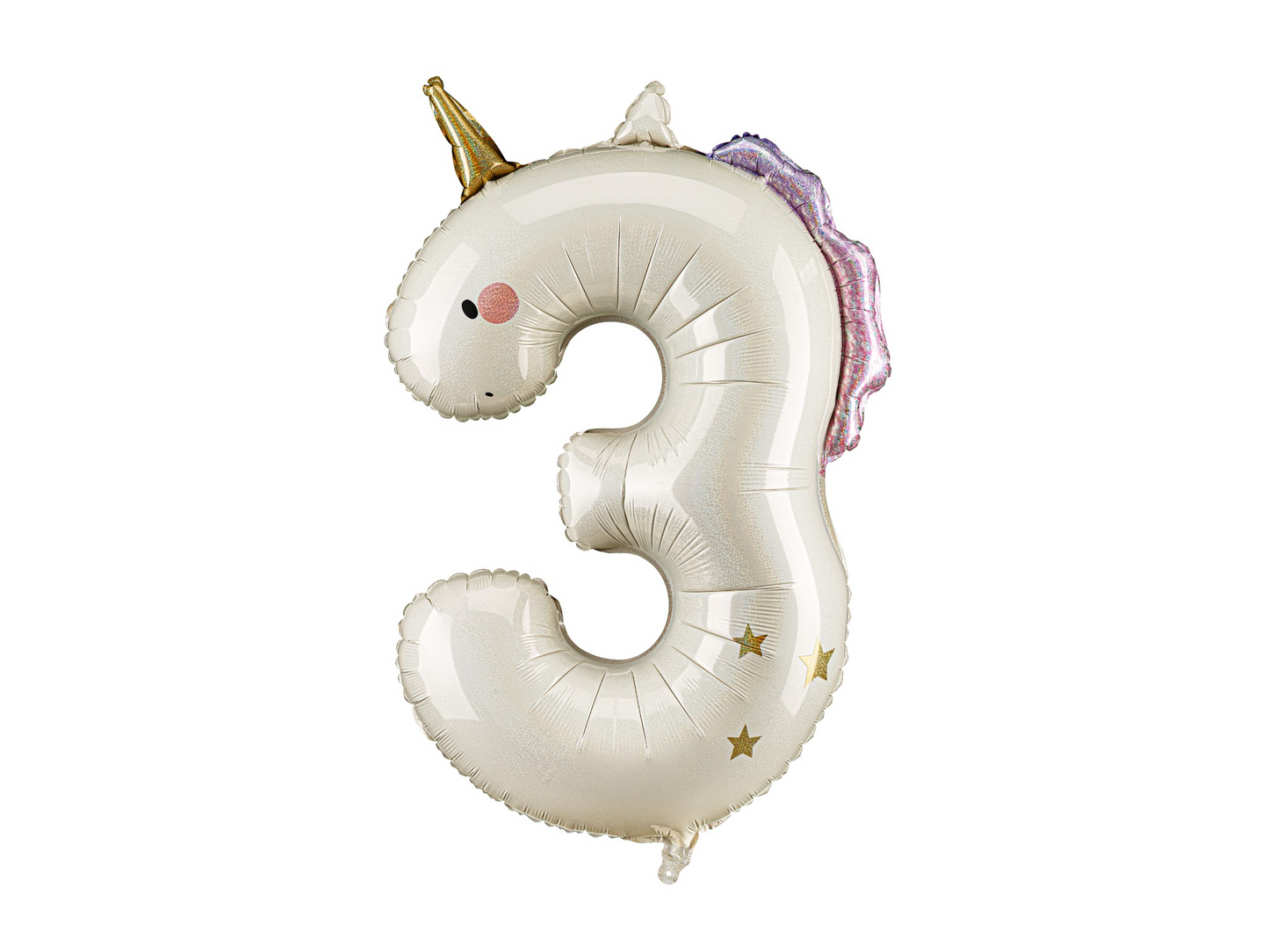 Unicorn-shaped number 3 balloon on a white background