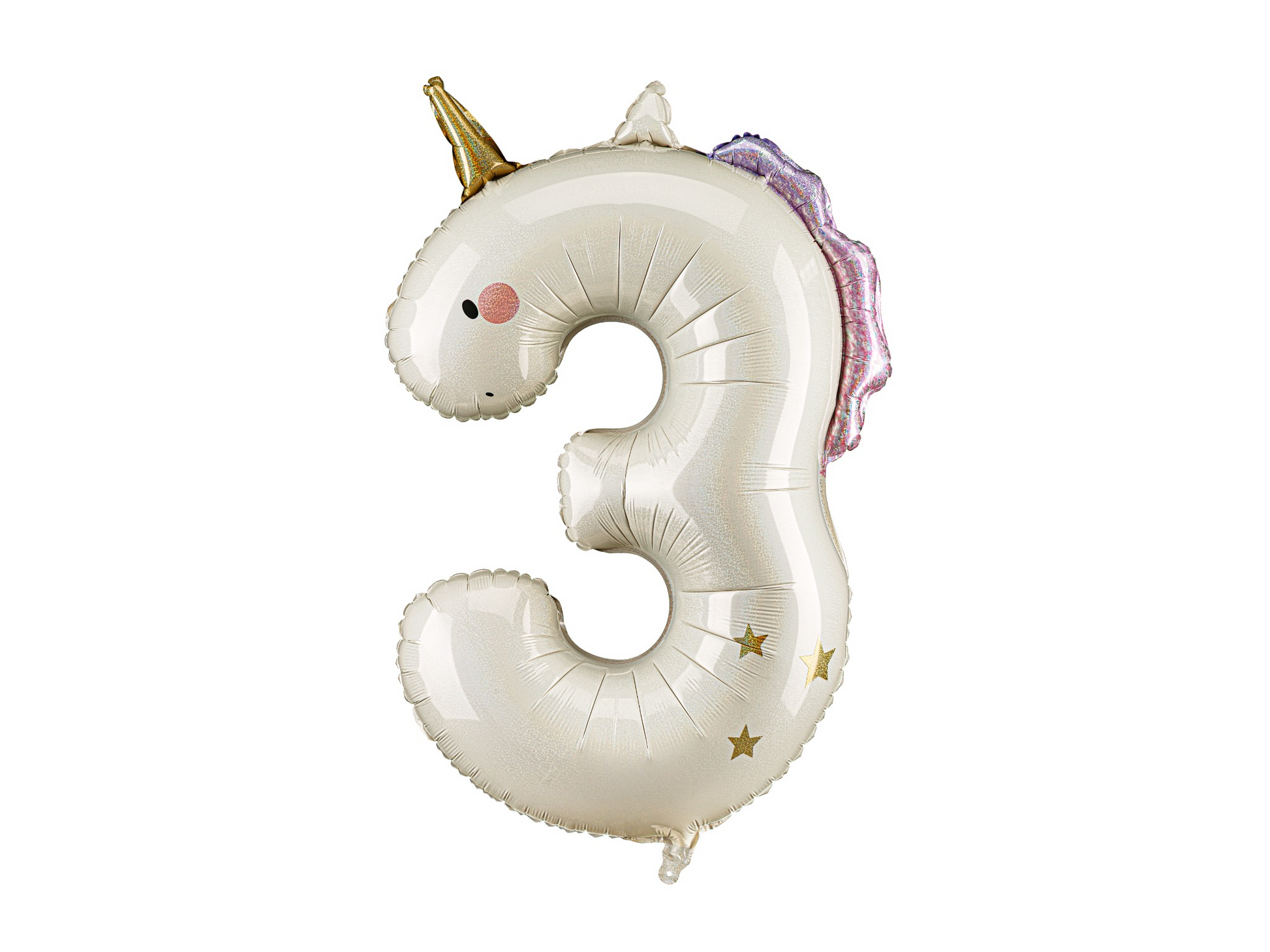 Unicorn-shaped number 3 balloon on a white background