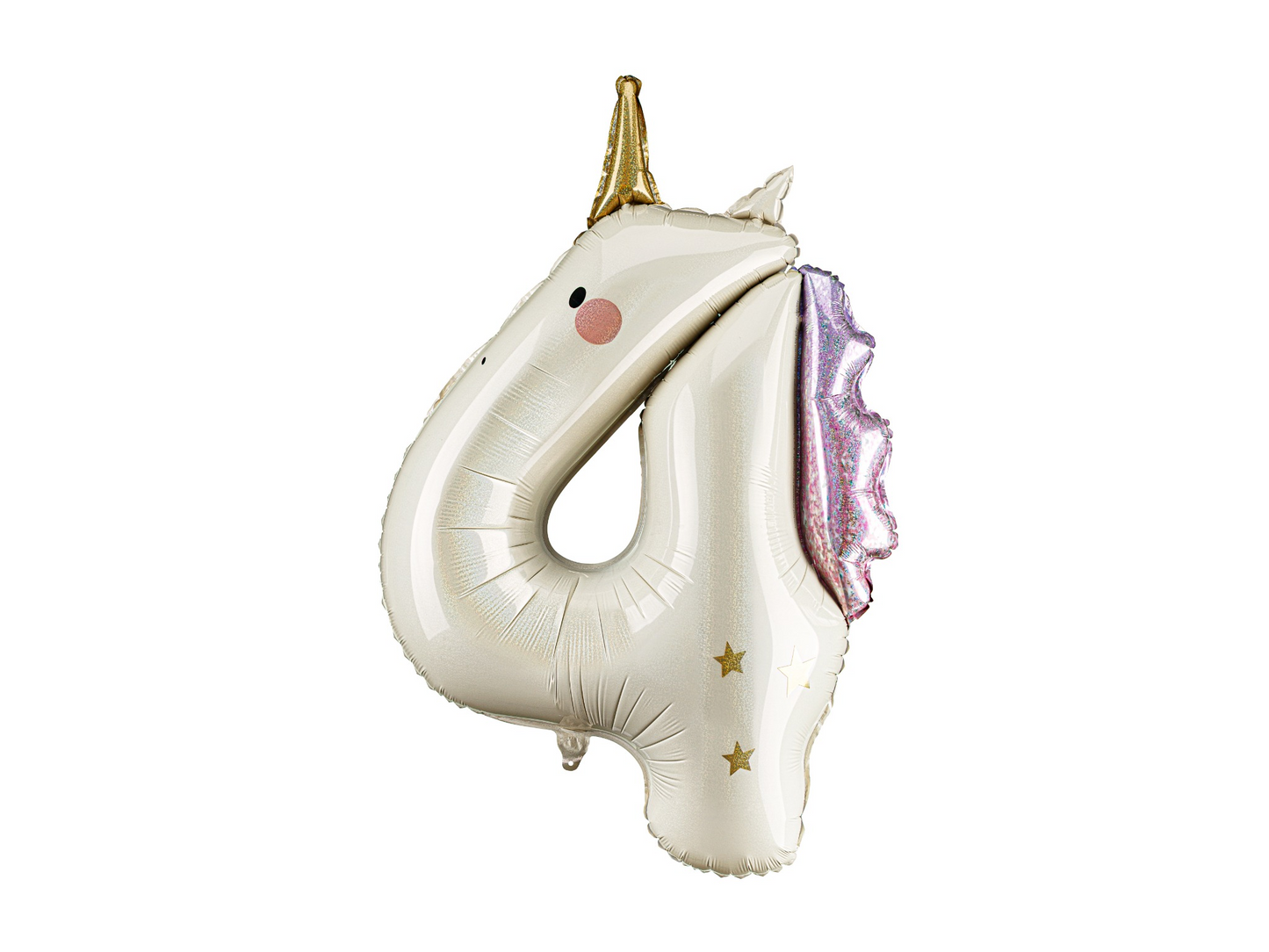 Unicorn-shaped balloon number 4 with gold horn and pink mane on a white background