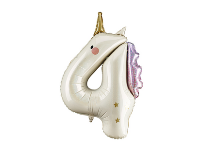 Unicorn-shaped balloon number 4 with gold horn and pink mane on a white background
