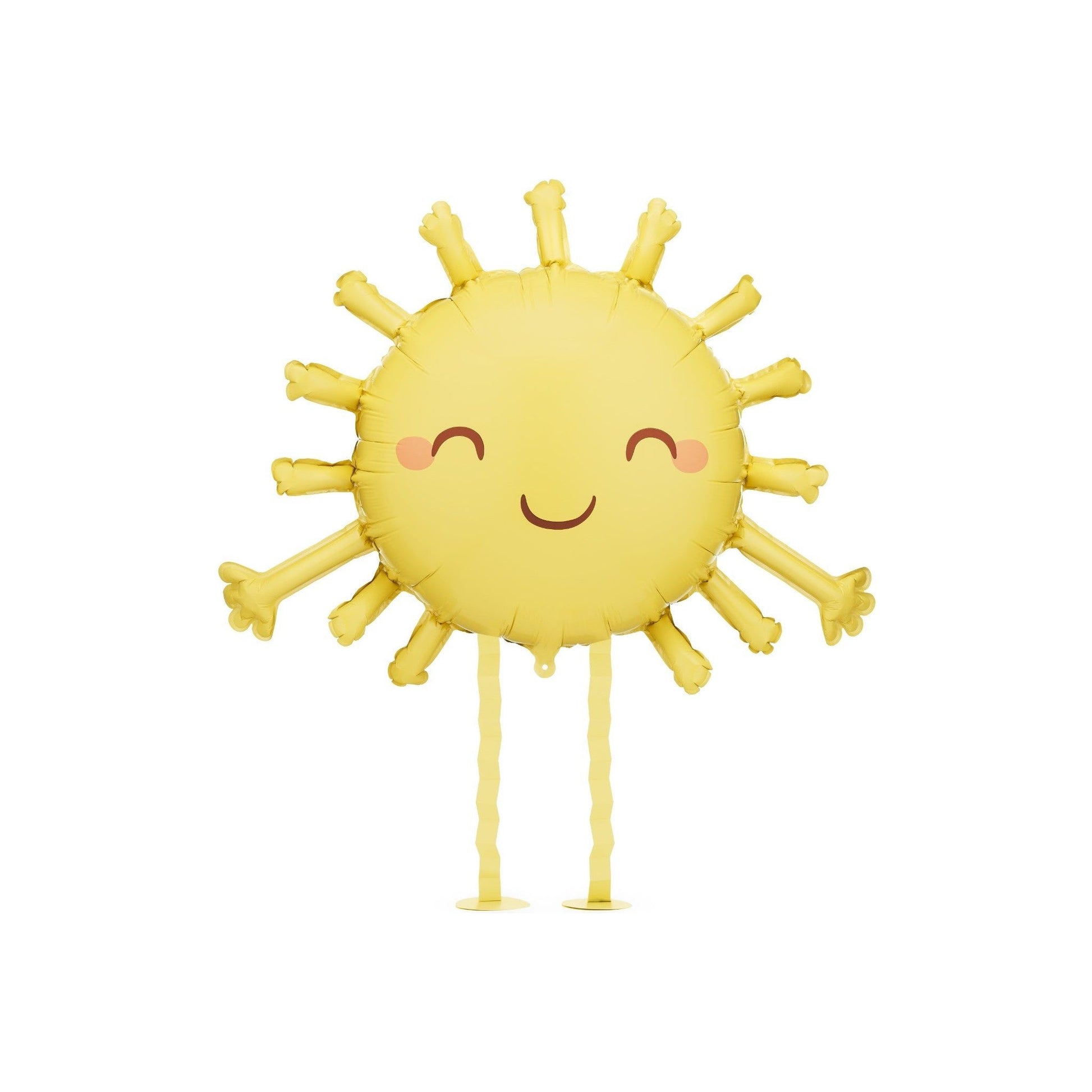 Yellow walking sun foil balloon with cute face and wiggly legs, adorable addition to summer or birthday party decor