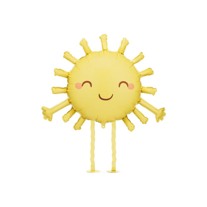 Yellow walking sun foil balloon with cute face and wiggly legs, adorable addition to summer or birthday party decor