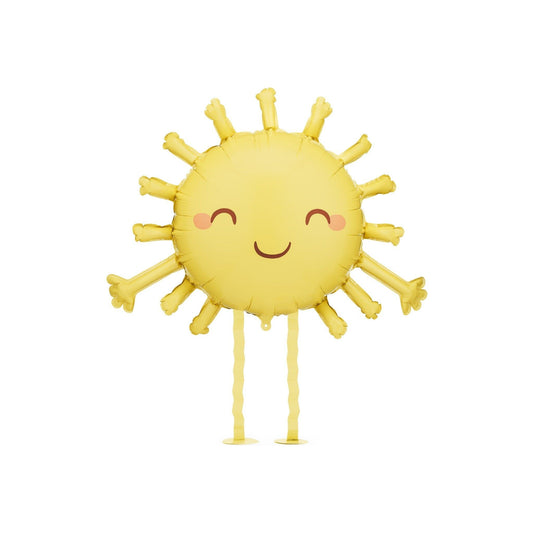 Yellow walking sun foil balloon with cute face and wiggly legs, adorable addition to summer or birthday party decor